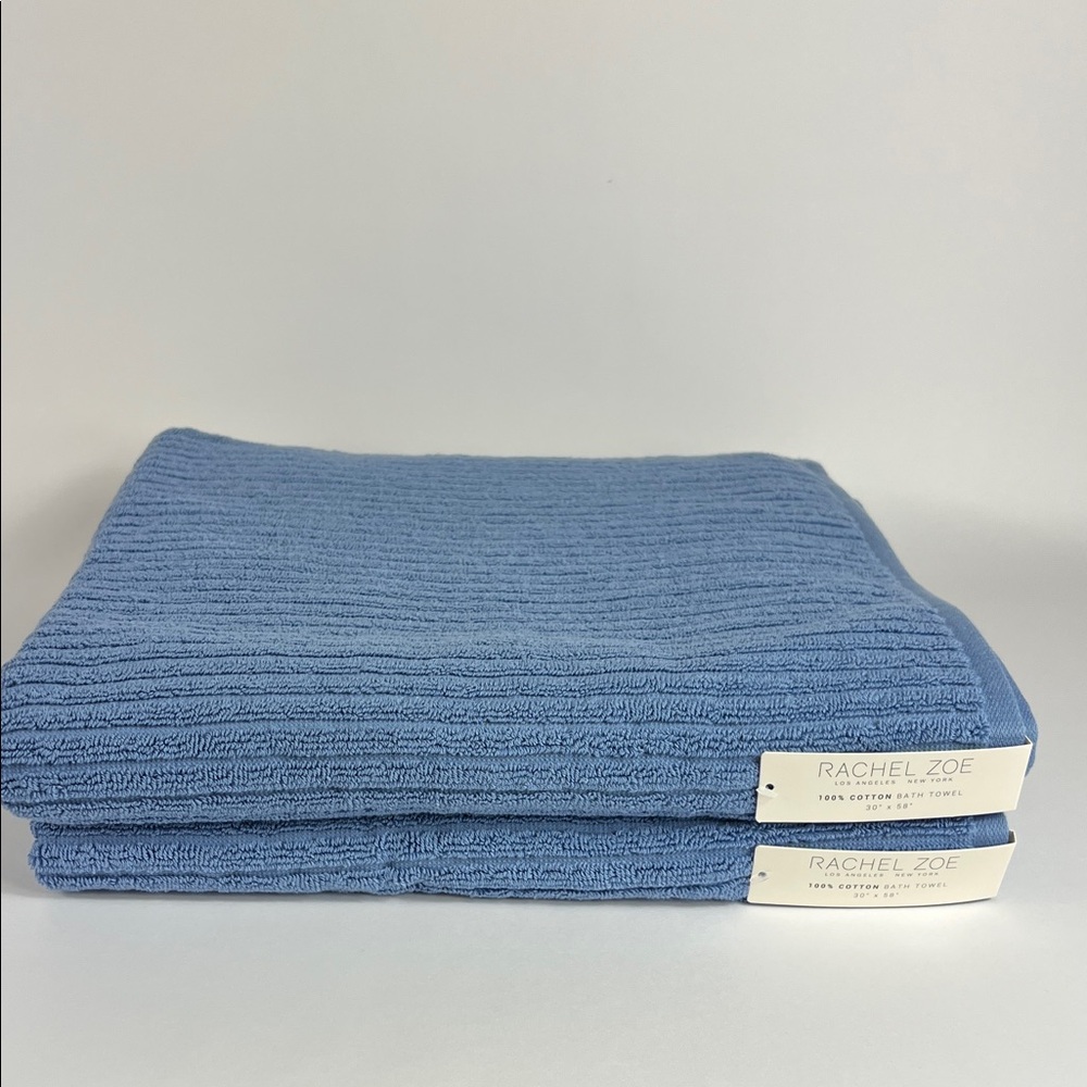 2 Pc Rachel Zoe Bath Towels Oversized Blue Ribbed Soft 100% Cotton NEW